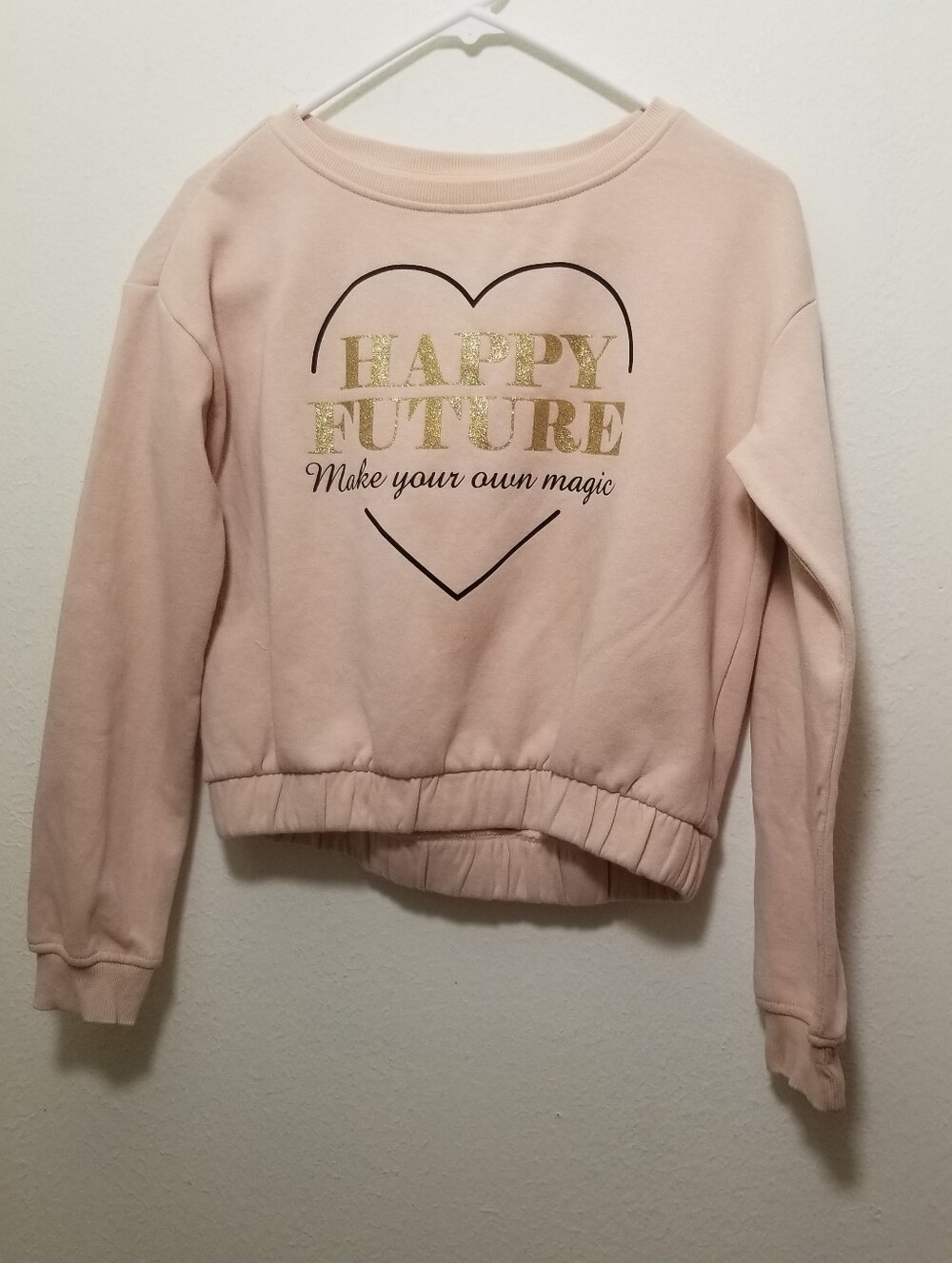 H&M 10-12Y Light Pink Crewneck Sweater with Glittery Gold 'Happy Future' Graphic